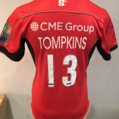 Saracens 2016 - 2017 Away Match Worn Rugby Union Football Shirt: Red short sleeve BLK large excellent condition shirt worn by Nick Tompkins. Aviva Champions 2015/16 badging. GPS tracking pocket present at shirt neck.