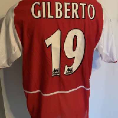 Arsenal 2002 - 2003 Home Match Worn Football Shirt: Red and white short sleeve  Nike shirt with Premier League Champions badging to sleeves. Gilberto 19 to rear.