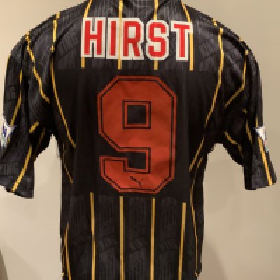 Sheffield Wednesday 1993 - 1994 Match Worn Football Shirt: Black with thin yellow stripes short sleeve Puma shirt with Premier League badging to sleeves. Hirst 9 to rear. 