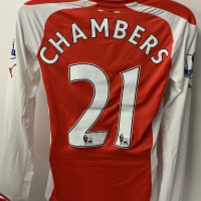 Arsenal 2014 - 2015 Home Match Issued Football Shirt: Red and white long sleeve  Nike shirt with Premier League badging to sleeves. Chambers 21 to rear.