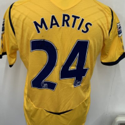 West Brom 2008 - 2009 Match Worn Football Shirt: Yellow short sleeve shirt with number 24 Martis to rear. Premier League badging to sleeves. Signed to number by the player. 