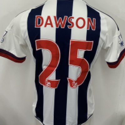 West Brom 2015 - 2016 Match Worn Football Shirt: Blue and white short sleeve shirt with Premier League badging to sleeves. Dawson 25 to rear. Worn during the 2-1 win v Arsenal on 21 November 2015, courtesy of a winning own goal from Mikel Arteta. 
