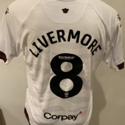 Watford 2023 - 2024 Match Worn Football Shirt: White short sleeve shirt with Sky Bet badge to sleeve. Livermore 8 to rear. 