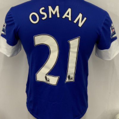 Everton 2012 - 2013 Match Worn Football Shirt: Blue short sleeve shirt with Premier League badging to sleeves. Osman 21 to rear. 