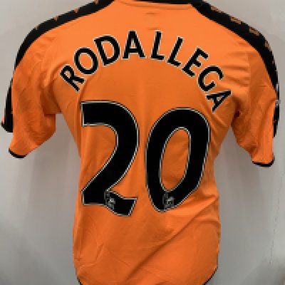 Wigan Athletic 2009 - 2010 Match Worn Football Shirt: Orange Vandanel 188 Bet short sleeve shirt with Premier League badging to sleeves. Number 20 Rodallega to rear. 