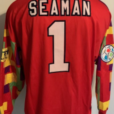 England Euro 96 Match Issued David Seaman Goalkeepers Football Shirt: Red and multi coloured long sleeve Umbro Goalkeeper shirt with Euro 96 badging to sleeves. Seaman 1 to rear. Iconic shirt direct from David Seaman to vendor. 
