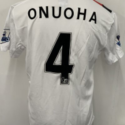 Manchester City 2009 - 2010 Onuoha 3rd Kit Match Issued Football Shirt: White with red and black slash short sleeve Umbro shirt from 1st season of Etihad Sponsorship. Premier League badging to sleeve and Onuoha 4 to rear. 
