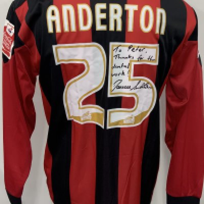 Bournemouth 2006 - 2007 Match Worn Football Shirt: Red and Black striped long sleeve shirt. Number 25 Anderton to rear. Signed with dedication. 