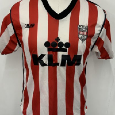 Brentford 1990 - 1992 Match Worn Football Shirt: Red and white striped Chad KLM short sleeve shirt. Number 9 to rear. 