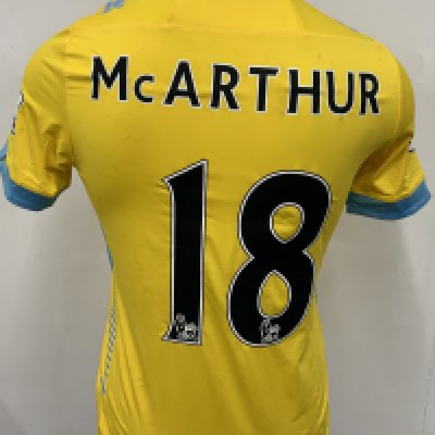 Crystal Palace 2014 - 2015 Match Worn Football Shirt: Yellow short sleeve shirt. Number 18 McArthur Premier League sleeve badging. 