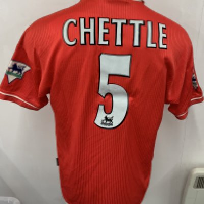 Nottingham Forest 1998 - 2000 Match Worn Football Shirt: Red long sleeve shirt. Number 5 Chettle. Premier League badging to sleeves. 