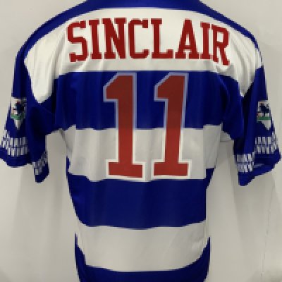 QPR 1995 - 1996 Match Worn Football Shirt: Blue and White short sleeve shirt. Number 11 Sinclair. Premier League badging. Signed with dedication 