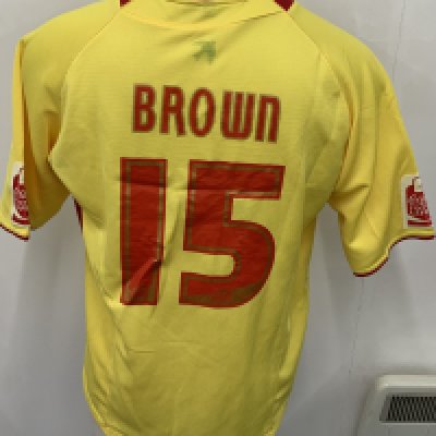 Walsall 2008 - 2009 Match Worn Football Shirt: Yellow short sleeve Easy Fit sponsored shirt with Coca Cola Football League badging to arms. Number 15 Brown to rear. 