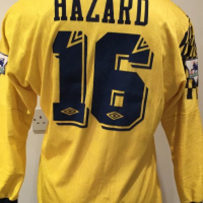 Tottenham 1994 - 1995 Match Worn Football Shirt: Yellow long sleeve third shirt with Premier League badging to sleeves. Hazard 16 to rear. Shirt is signed to front by the player with dedication. 