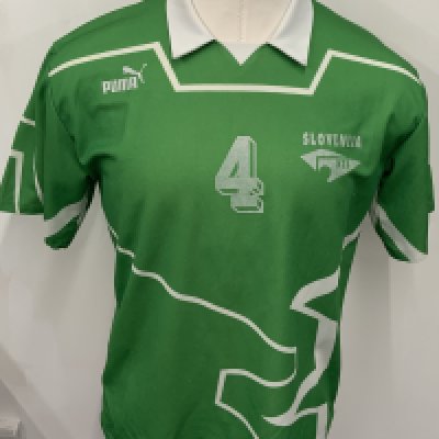 Slovenia 1993 Match Worn Football Shirt: Green short sleeve shirt. Number 4. 