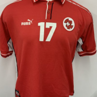 Switzerland 1999 - 2000 Match Worn Football Shirt: Red short sleeve shirt. Number 17.