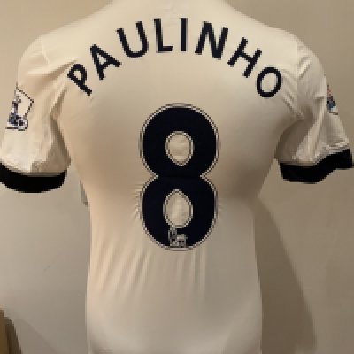 Tottenham 2015 - 2016 Match Worn Football Shirt: White short sleeve shirt with Premier League badging to sleeves. Paulinho 8 to rear. 
