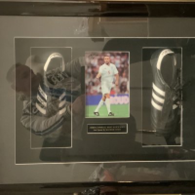 Mathew Upson Match Worn England Framed Adidas Football Boots: Expensively framed in deep frame. Plaque states worn and signed by Mathew Upson. Both boots are signed by the player and are pictured with him wearing them playing for England. Not for posting.