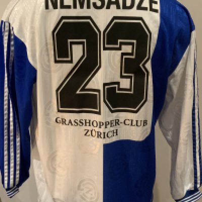 Grasshopper Zurich 1997 - 1998 Match Worn Football Shirt: Blue and white long sleeve shirt with number 23 Nemsadze to rear. Worn during the season when he made 27 appearances, scoring two goals. 