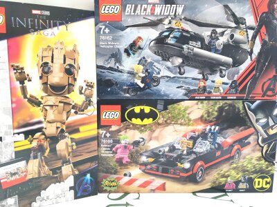 3 Boxed And Sealed Lego Box Sets. Groot #76217, Black Widows Helecopter Chase And Batman Classic Tv Series Batmobile #76188. No Resrve.