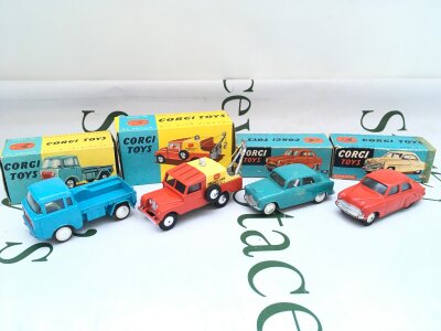 4 X Boxed Corgi Diecast, A Forward Control Jeep FC-150 #409, A Land-Rover Breakdown Truck #417, A Austin Cambridge Saloon #201 And A Vauxall Velox Saloon #203M