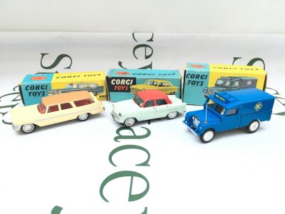 3 X Boxed Corgi Diecast Vehicles, A Plymouth Sports Suburban Station Wagon #219, A Standard Vanguard III Saloon #207 And A R.A.C. Radio Rescue Land-Rover #416.
