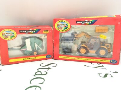 A Boxec Britains JCB 526S Loadall Complete With Shovel And A Round Baler. Boxes Are Worn. No Reserve.