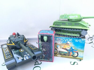 A Collection Of Modern Tinplate Toys Including 2 Tanks, A Coffin Bank And Motorcycle With Sidecar. No Reserve,  From A Lifetime Private Collection To Be Sold.