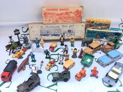 A Box Containing Led Figures, Playworn Diecast, A Boxed Travelling Zoo Set (Parts Missing/Damaged, A Boxed Covered Wagon, A Boxed Stage Coach Etc, No Reserve, From A Lifetime Private Collection To Be Sold.