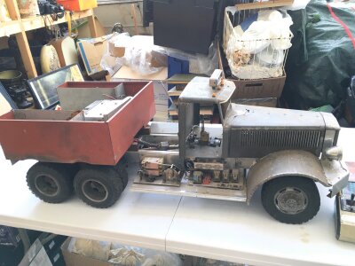 A Scratch Built Radio Controlled Tow Truck. Made Mostly Of Sheet Metal. A Good Project For Restoration. Approx Length 131Cm x 41Cm.. From A Lifetime Private Collection.