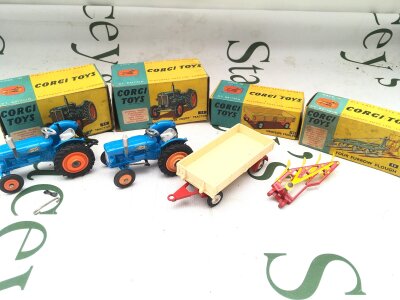 2 X Boxed Corgi Fordson Power Major Tractors #55 1 At Fault, A Dropside Trailer #100 And A Four Furrow Plough #56.