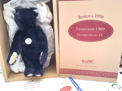 A Boxed Steiff Teddy Bear Dark Blue 1909 Replica.