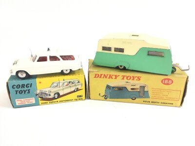 A Boxed Corgi Toys Ford Zephyr Motorway Patrol #419 And A Dinky Four Berth Caravan #188.