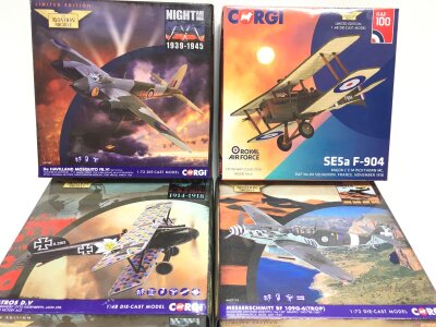 4 X Boxed Corgi Aviation Archive Aircraft, A De Havilland Mosquito FBVI #AA32821, A SE5a F-904 #AA37708, A Albatros D.V. #AA37812 And A Messerschmitt BF 109G-6 #AA27112.(4).