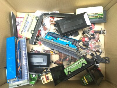2 Boxes Containing Atlas And Corgi Buses, Painted Figures (2).