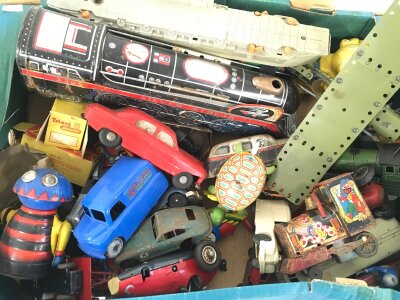 A Box Containing Various Tin And Plastic Toys. No Reserve.