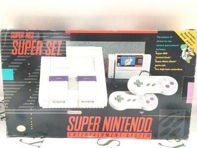 A Boxed American Super Nimtedo Super Set, Super Mario World Game. 1 Controller.