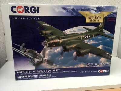 Boxed Corgi Aviation Archive model featuring a Boeing B-17F Flying Fortress ..Ye Old Pub. And a Messerschmitt Bf109G-6.   AA39915 limited edition 1:72 scale. No reserve