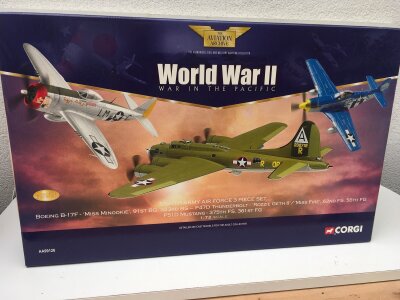 Boxed Corgi Aviation Archive model featuring a Boeing B-17F.. Miss Minookie  a P47D Thunderbolt and a P51D Mustang.  AA99126 limited edition 1:72 scale.  No reserve