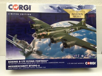 Boxed Corgi Aviation Archive models featuring a Boeing B17F Flying Fortress  YE OLD PUB and a Messerschmitt Bf109G6.  AA39915 limited edition 1:72 scale.  No reserve.