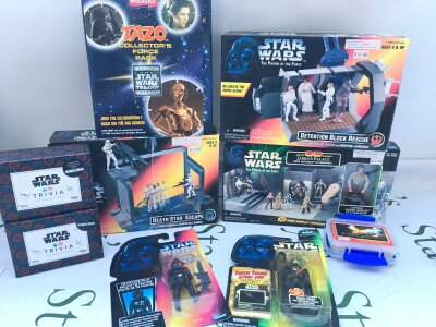 A Collection Of Star Wars Power Of The Force Playsets. Figures. Tazos. Trivia Games,Trading Cards And A Chess Set.