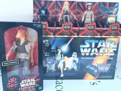 A Star Wars Imteractive Video Board Game (Sealed) 4 Star Wars Kids Collectables And A 12" Jar Jar Binks. No Reserve.