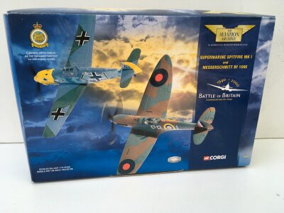 Boxed Corgi Aviation Archive diecast mot set featuring a Supermarine Spitfire Mk1 and a Messerschmitt Bf 109E  commemorative Battle of Britain pair.  49505 limited edition 1:72 scale.  No reserve