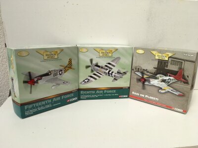 3x boxed Corgi Aviation Archive diecast models featuring US32214 P51D Mustang SHU SHU CHUCK O… AA33806 P47D Thunderbolt. NO GUTS NO GLORY… US32215 P51D. CREAMERS DREAM.  All limited edition 1:72 scale. No reserve