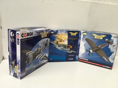 3x boxed Corgi Aviation Archive diecast models featuring AA33825 Republic P47G Thunderbolt SNAFU…AA32201 P51D Mustang OLD CROW…US33819 P47D Thunderbolt BOISE BEE.  All limited edition 1:72 scale.  No reserve