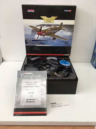 2x boxed Corgi Aviation Archive diecast models featuring US37102 P51B5 Mustang SHANGRI LA… AA32202 P51D Mustang THE HUN HUNTER FROM TEXAS  All limited edition 1:72 scale.  No reserve.  (2)