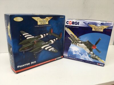2x Boxed Corgi Aviation Archive diecast models featuring US36603 P38J Lightning SCAT II…AA36509 Hawker Typhoon Mk1B.  Both limited edition 1:72 scale.  No reserve. (2)