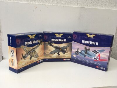3x boxed Corgi Aviation Archive diecast models featuring AA32502 Junkers JU87R Stuka Tropical…AA32501 Junkers JU87 Stuka…AA32807 Mosquito PRXVI.  2 limited edition 1:72 scale.  No reserve
