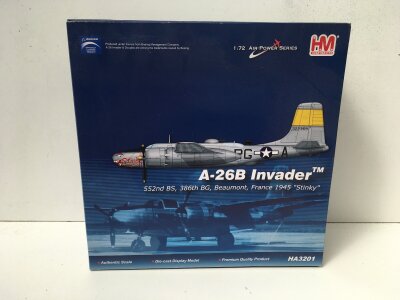 Boxed Hobbymaster diecast model in the Air Power series featuring aA26B Invader STINKY.  HA3201  1:72 scale. No reserve