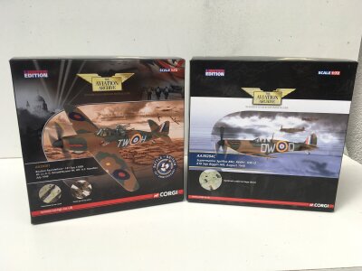 2x boxed Corgi Aviation Archive diecast models featuring AA39301  COCK O THE NORTH with rear gunner Battle of Britain 70th anniversary and AA39204C Supermarine Spitfire MkI.  Both limited edition 1:72 scale.  No reserve. (2)